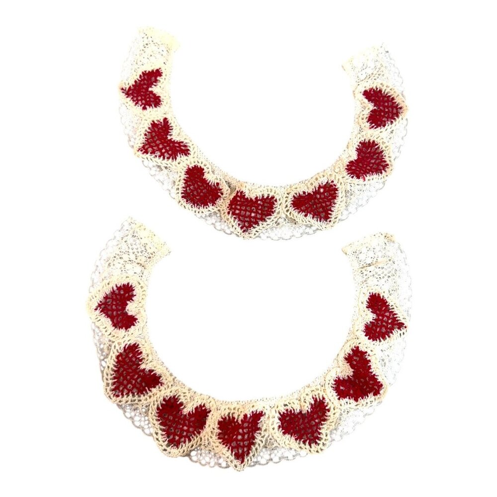 Vintage Handmade Crochet Lace Collar Red Heart Accents Valentines Cottage Core